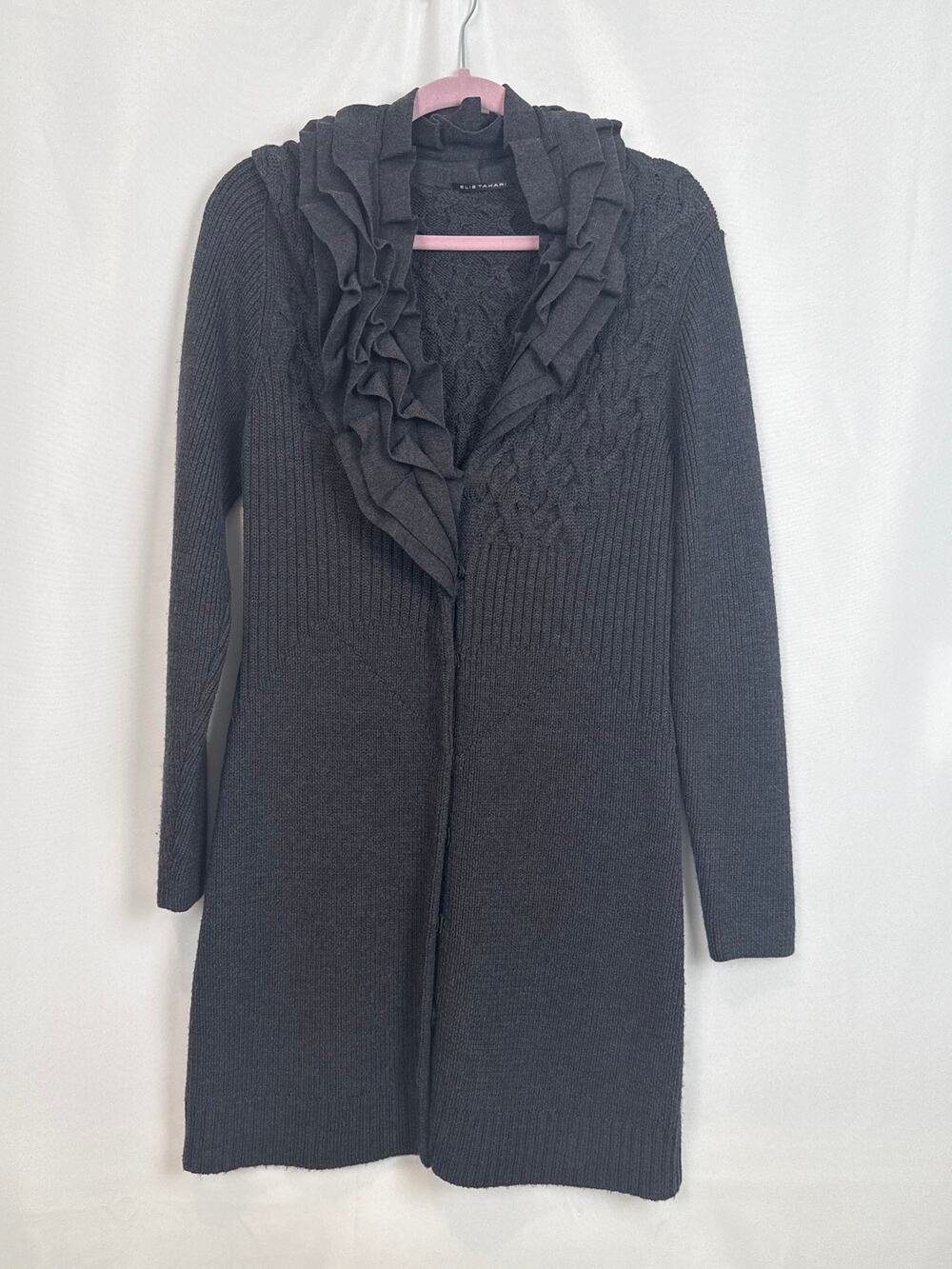 Elie Tahari Merino Wool Ruffle Collar Duster Cardigan SZ L